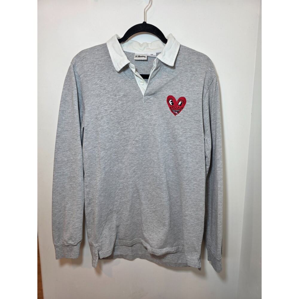 Keith Haring Women's Gray Long Sleeve Rugby Polo T Shirt Small Embroidered Heart